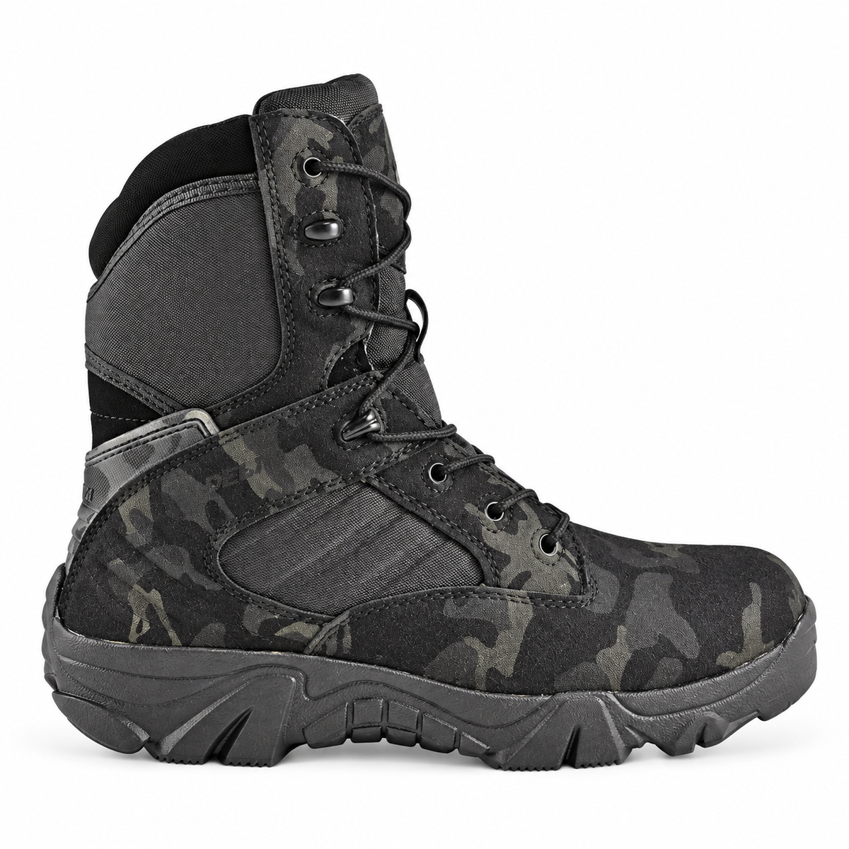 Botte randonnée hautes camouflage noir – profil de la tige