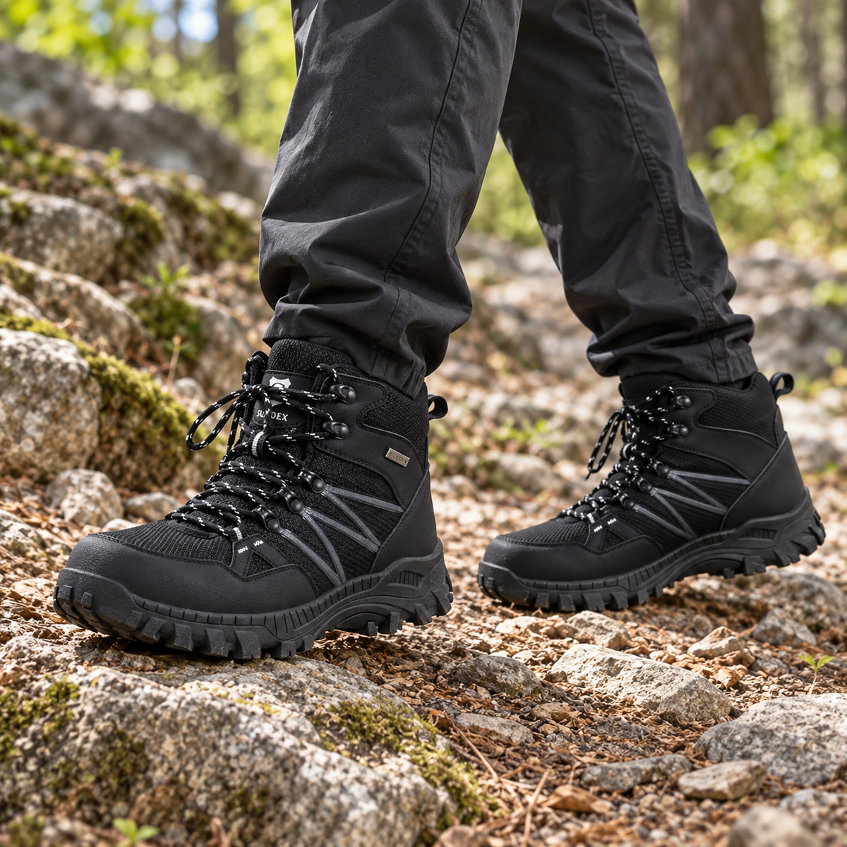 Bottes randonnée junior noires portées sur sentier
