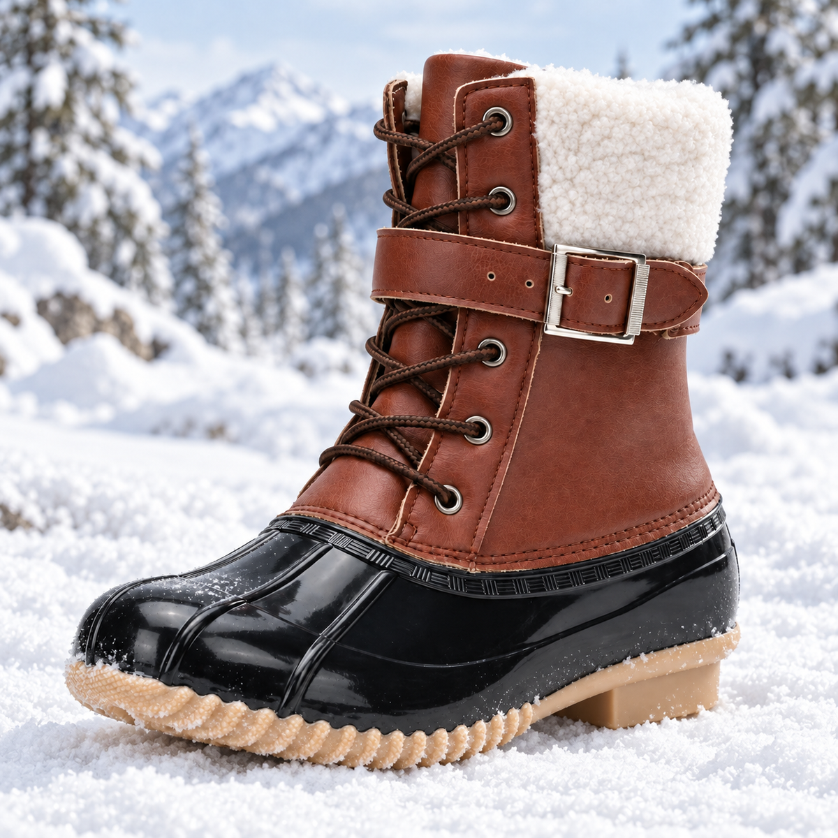 Botte de randonnée montante femme marron sur neige avec doublure fourrée blanche