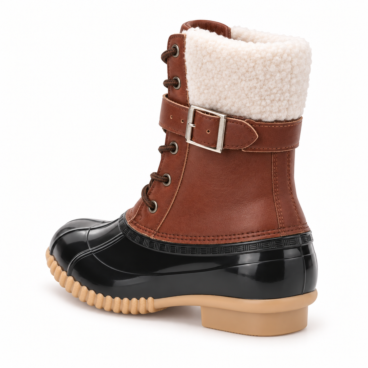 Botte randonnée montante femme marron complète vue arrière trois-quarts sur fond blanc chaud
