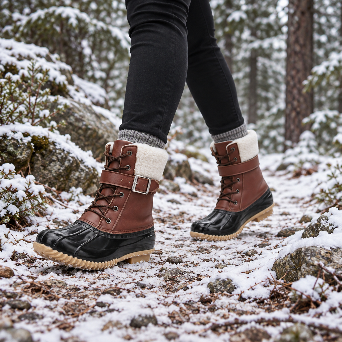Bottes randonnée montantes femme marron portées sur un sentier enneigé