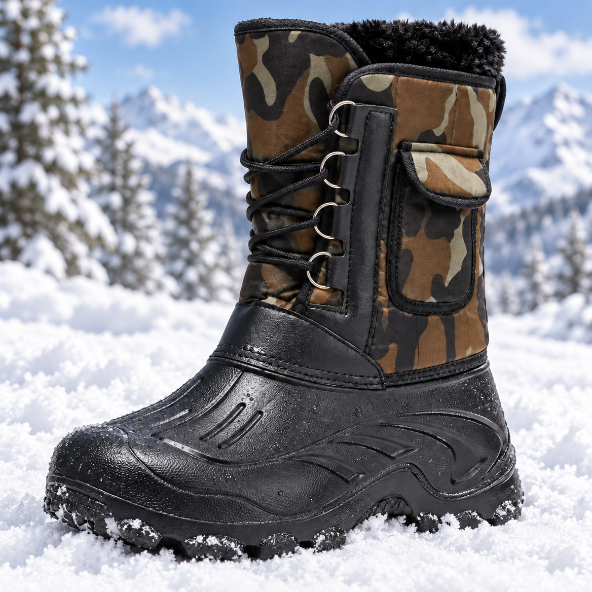 Botte randonnée neige homme camouflage dans la neige avec coque noire imperméable et gouttes d’eau