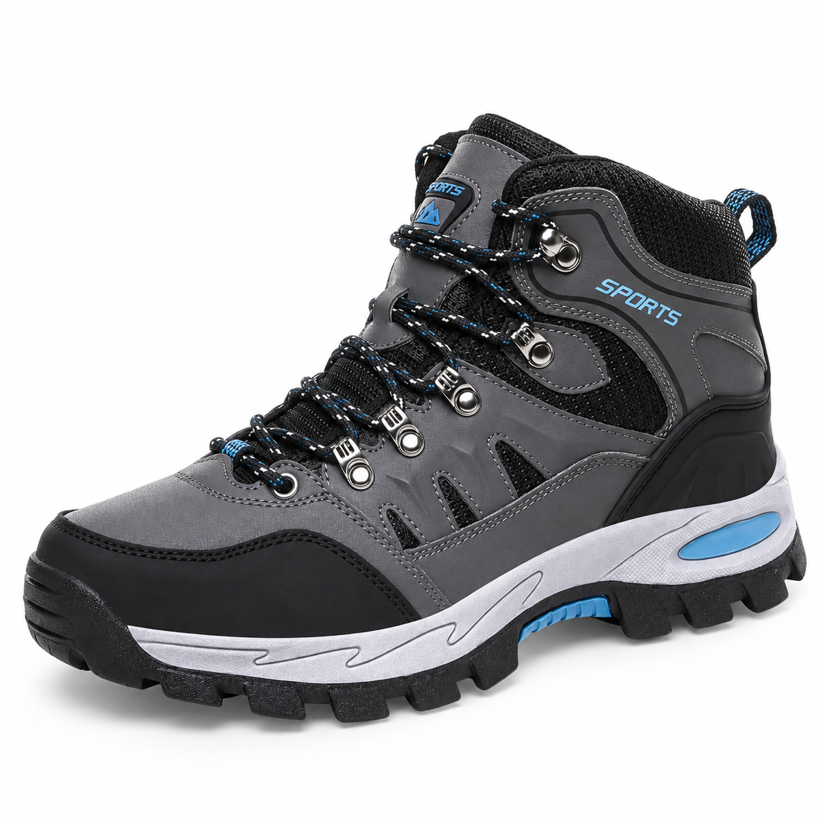 Bottes caoutchouc randonnée grises – vue trois-quarts sur fond blanc