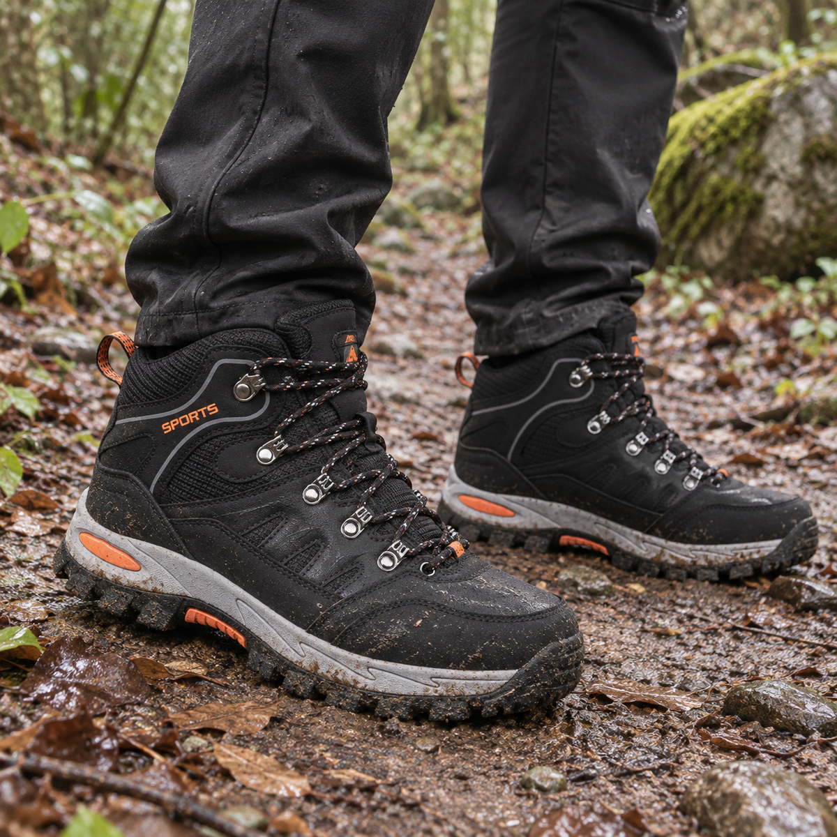 Bottes caoutchouc randonnée noires portées sur un sentier forestier humide