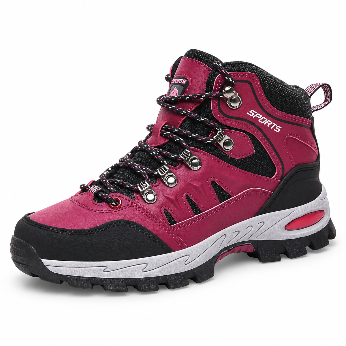 Bottes caoutchouc randonnée rouges – vue trois-quarts sur fond blanc