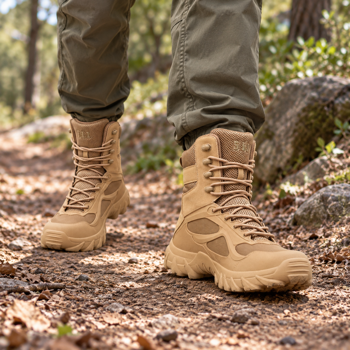 Bottes de marche randonnée sable portées sur sentier – deux pieds visibles