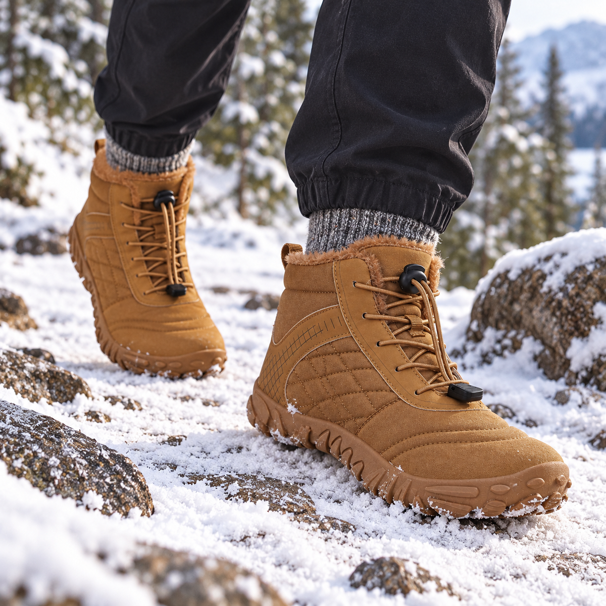 Paire complète de bottes de randonnée beige marron fourrées portée avec deux pieds visibles sur sentier enneigé