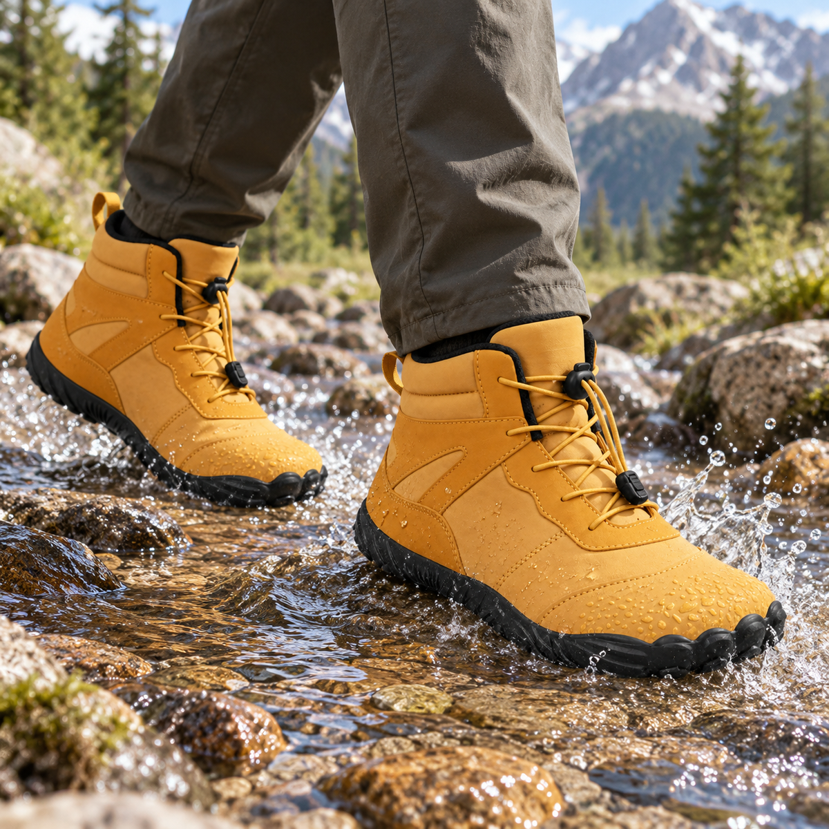 Paire complète de bottes de randonnée jaunes portée avec deux pieds visibles sur pierres mouillées