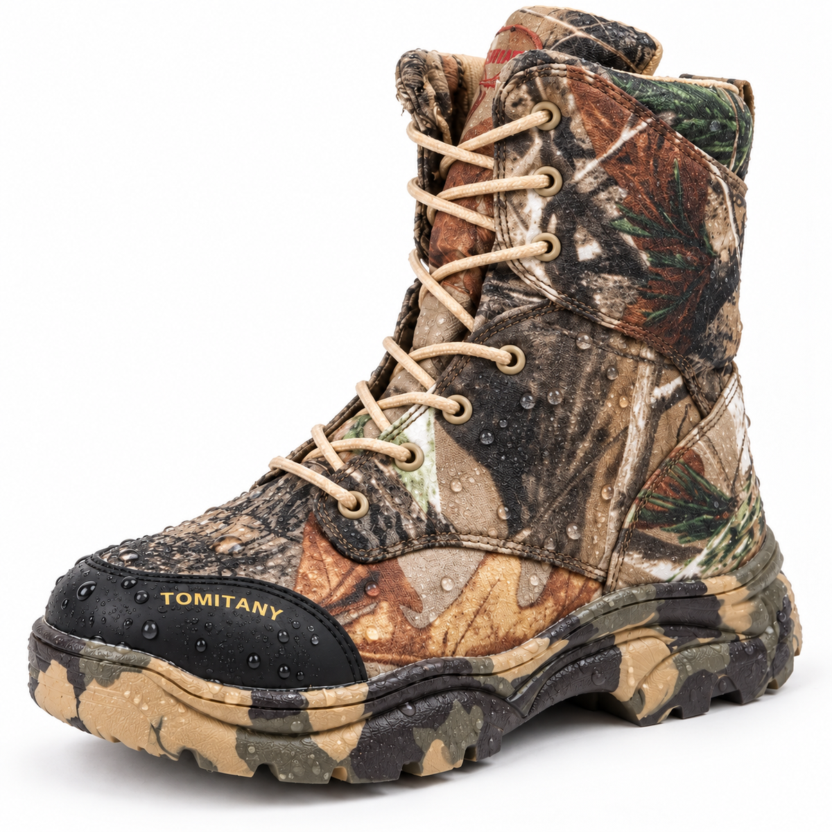 Botte de randonnée cuir homme camouflage avec gouttes d’eau sur la tige et le bout renforcé
