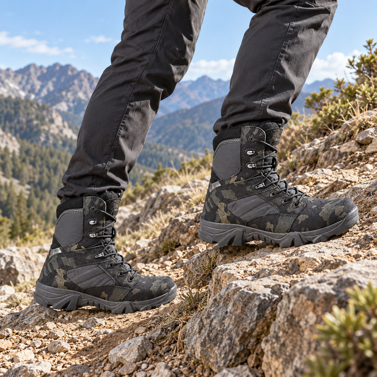 Paire de bottes de randonnée hautes camouflage noir portée en montée rocheuse