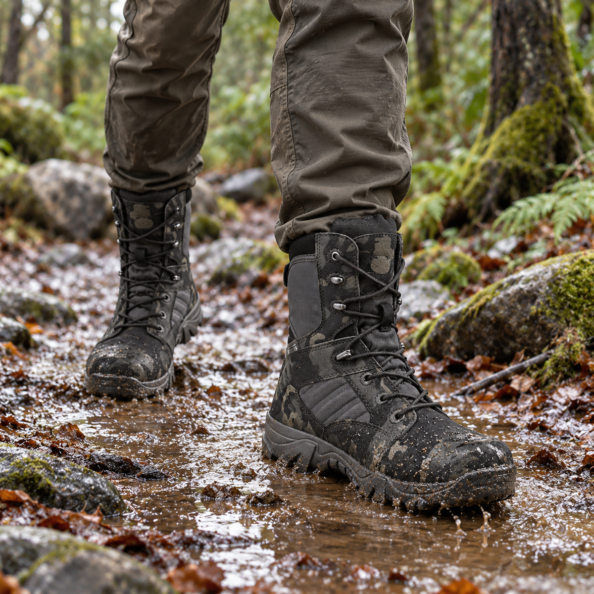 Paire de bottes de randonnée hautes camouflage noir portée sur terrain humide