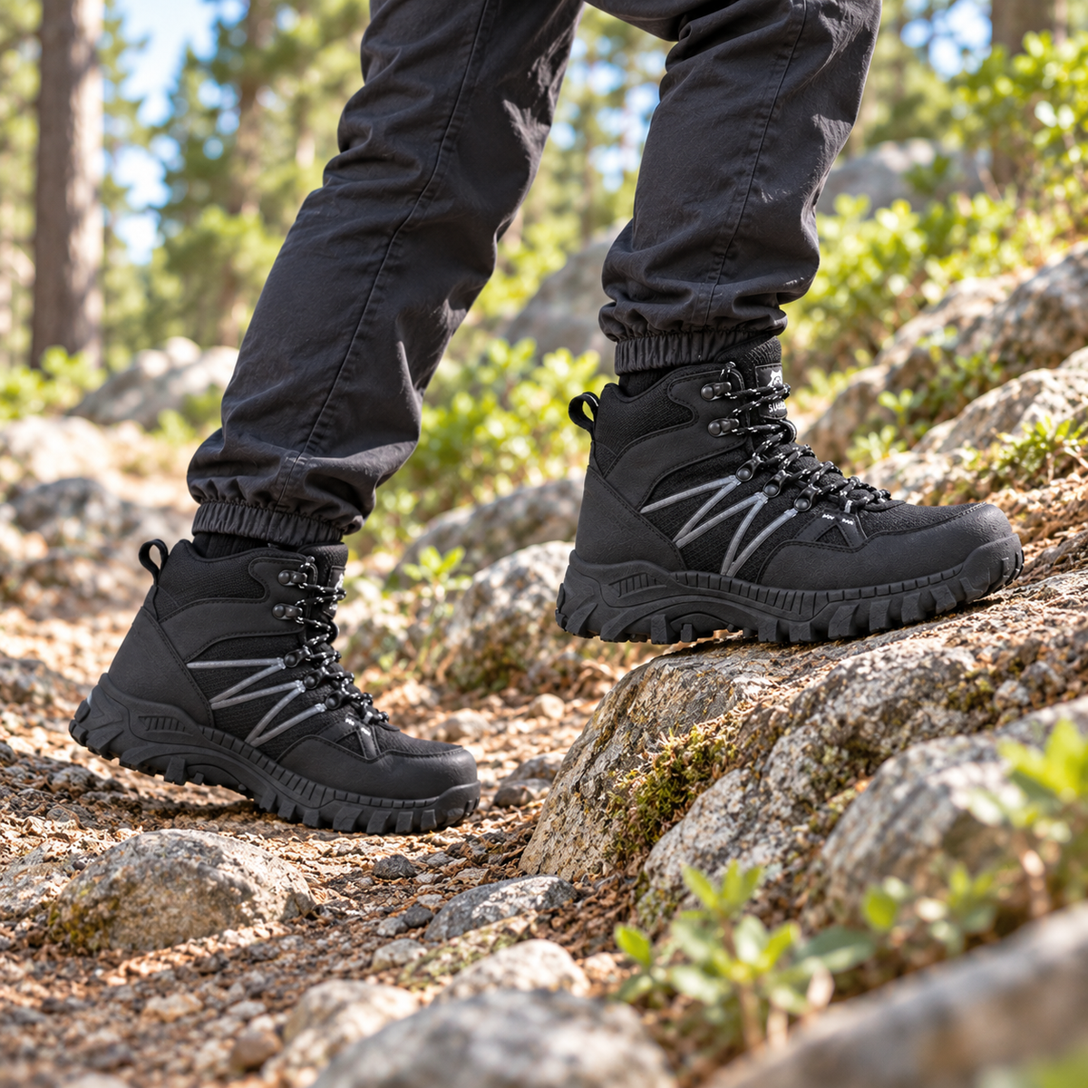 Bottes randonnée junior noires portées en montée