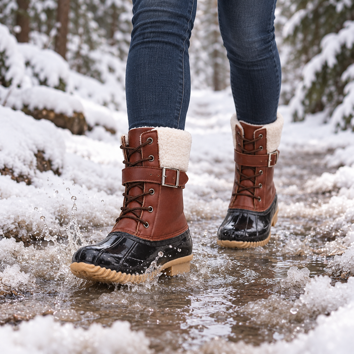 Paire de bottes de randonnée montantes femme marron portée dans la neige fondue