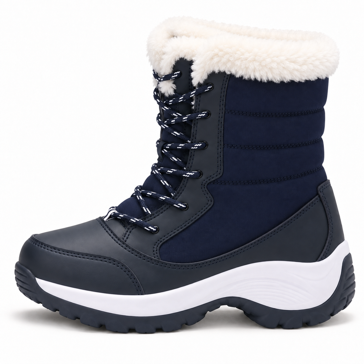 Botte randonnée neige femme bleu marine vue de profil montrant la hauteur de tige