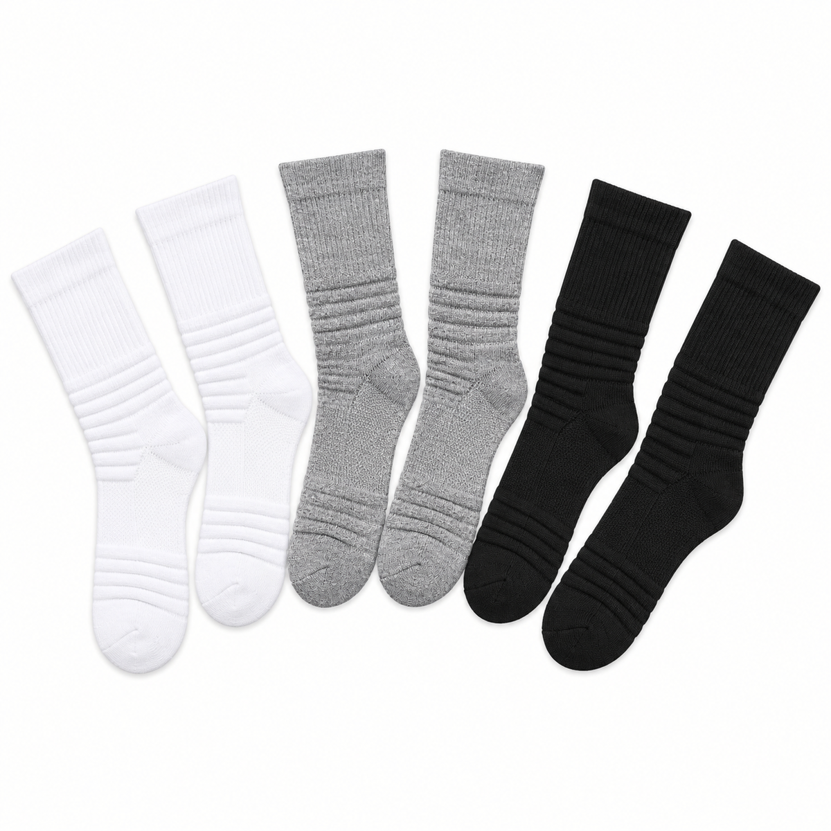 Chaussettes randonnée coton homme longues blanches grises et noires à plat
