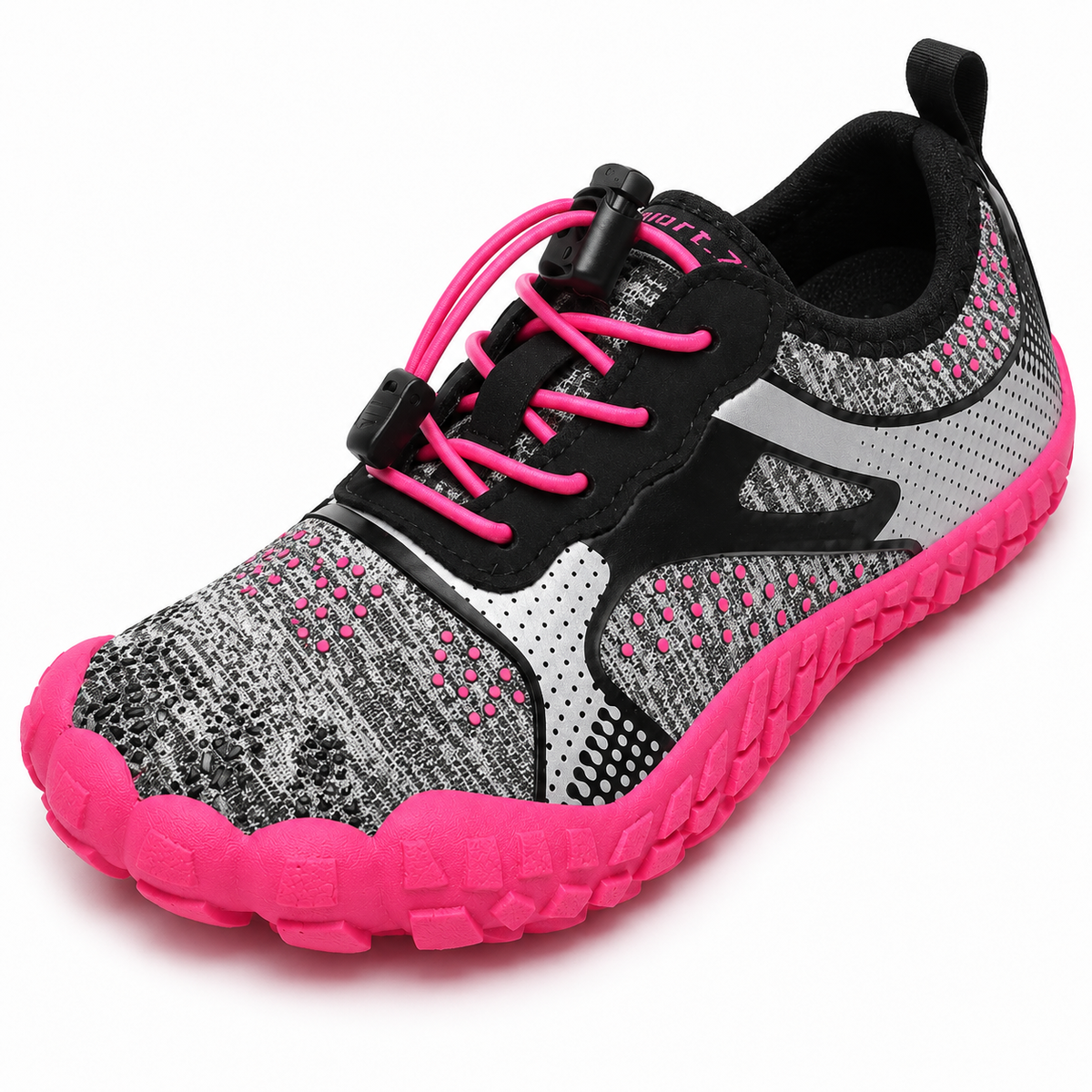Chaussure barefoot femme randonnée noire et rose vue plongeante montrant la forme large de l'avant-pied