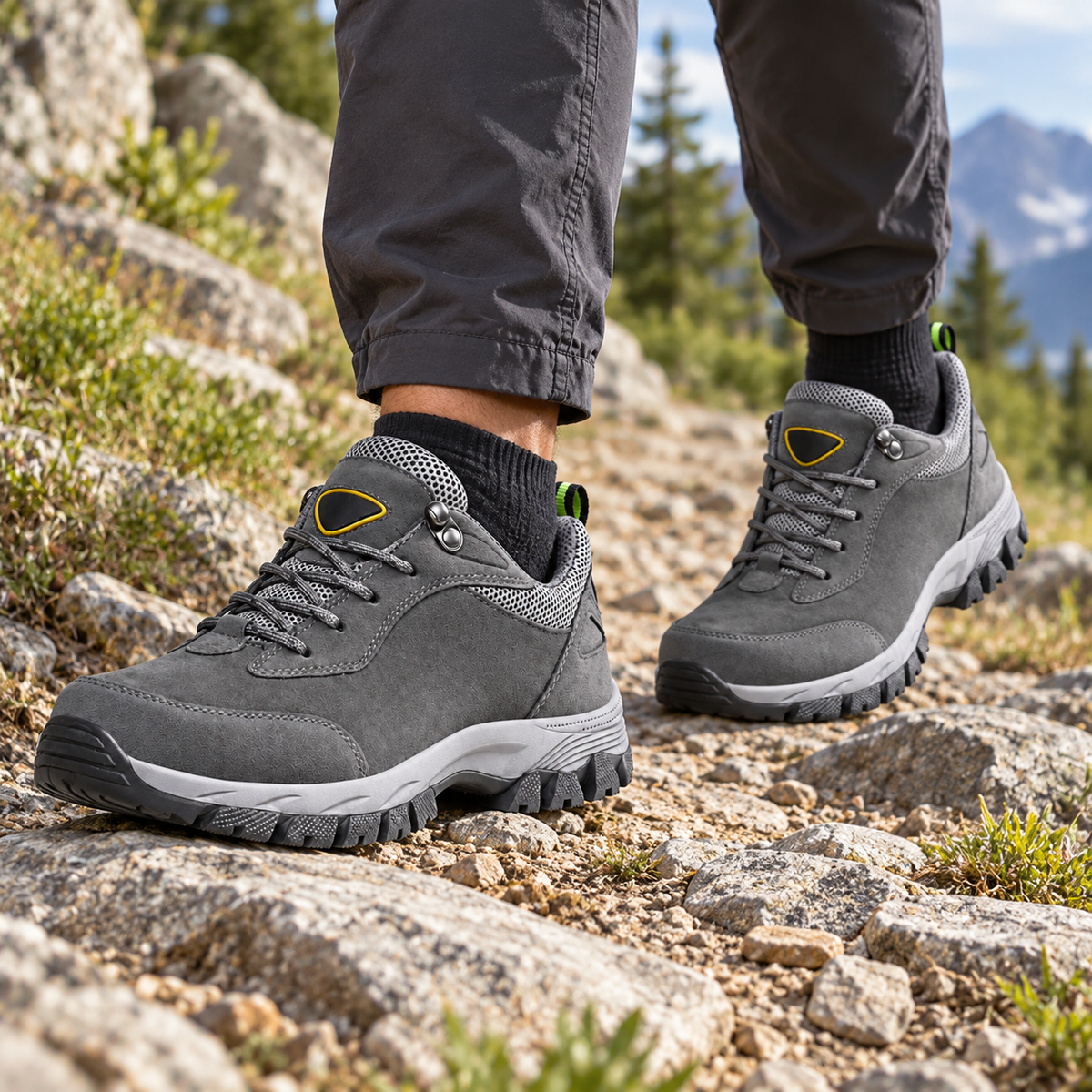 Paire de chaussures basses randonnée cuir grises portée sur sentier
