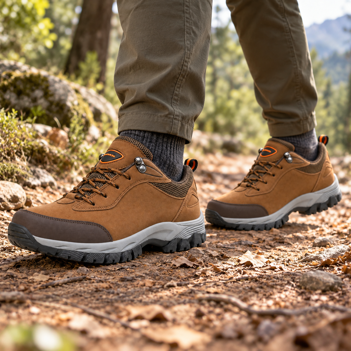 Paire de chaussures basses randonnée cuir marron portée sur sentier
