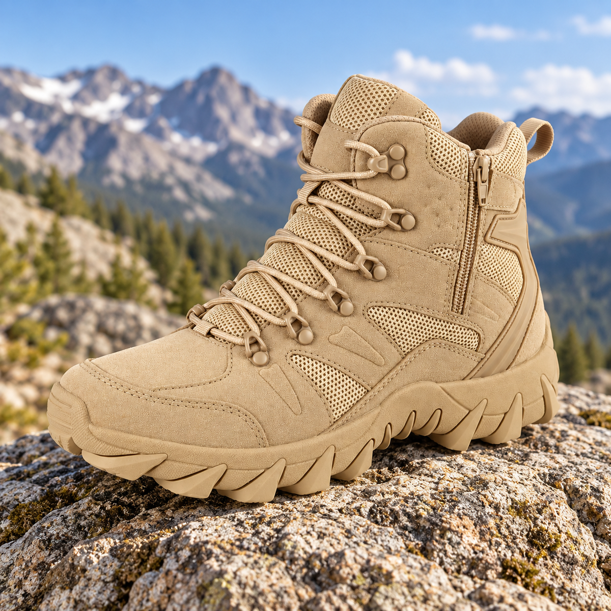 Chaussure cuir haute randonnée beige entière posée sur un rocher en montagne