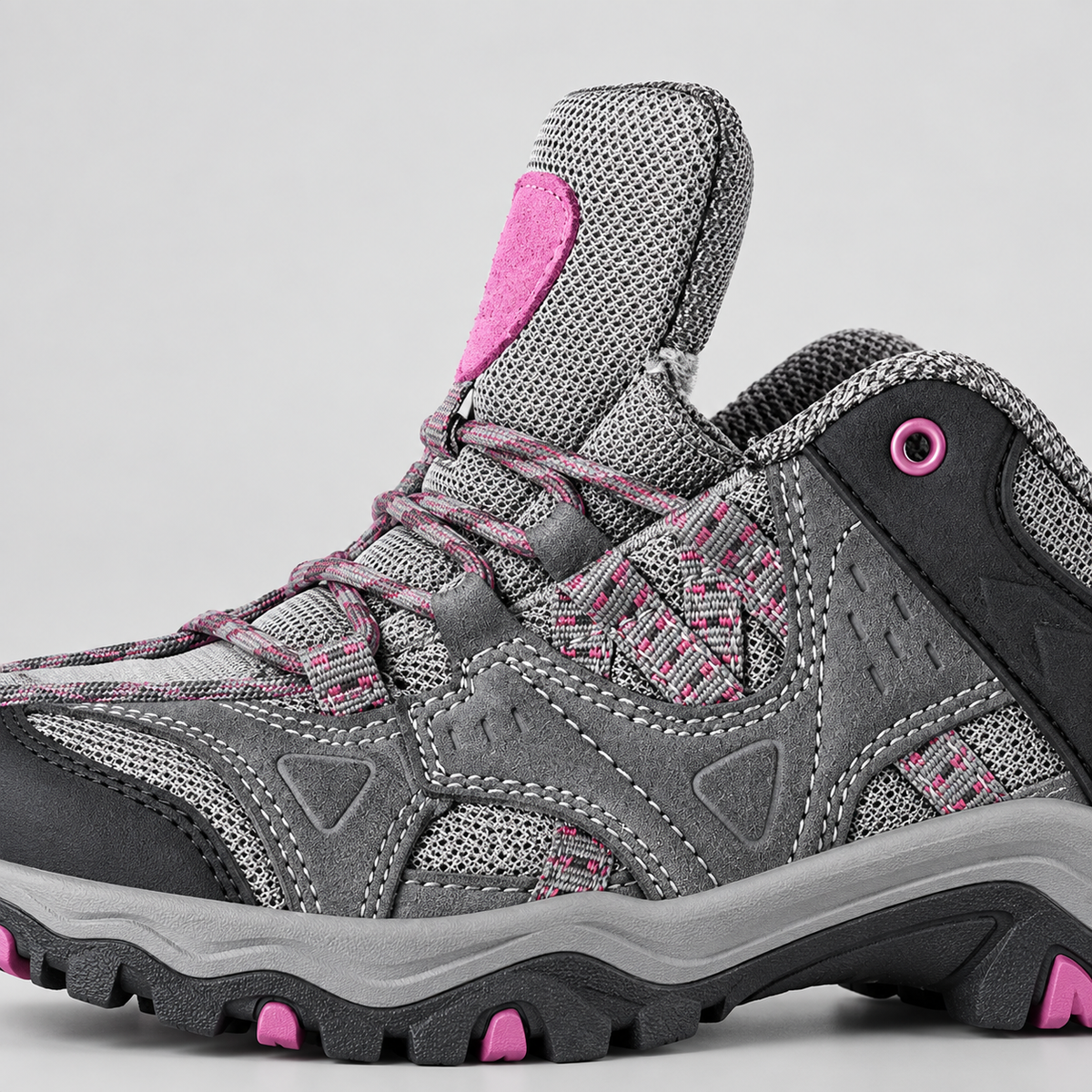 Détail mesh et laçage de la chaussure de randonnée femme grise et rose