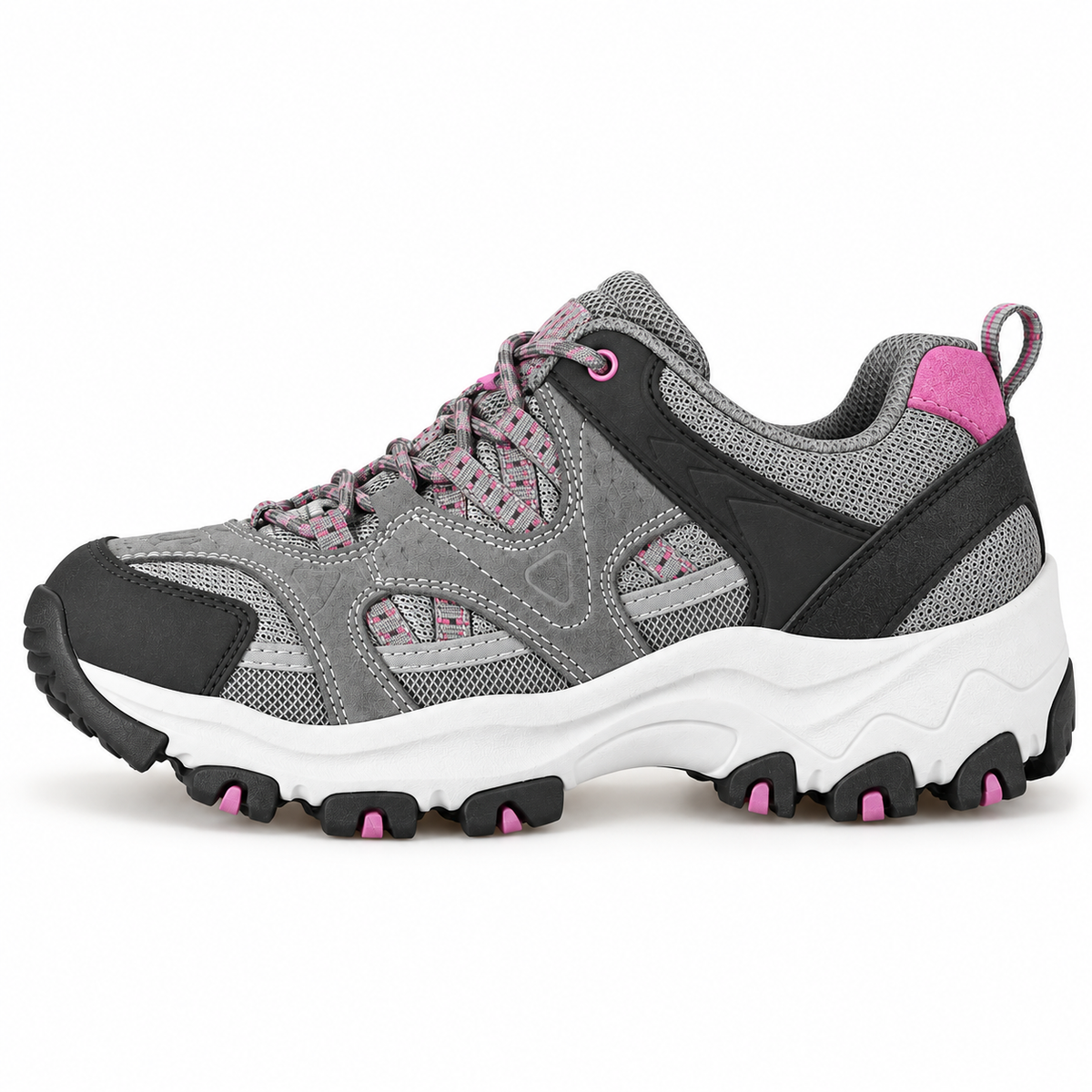 Profil technique de la chaussure de randonnée femme grise et rose