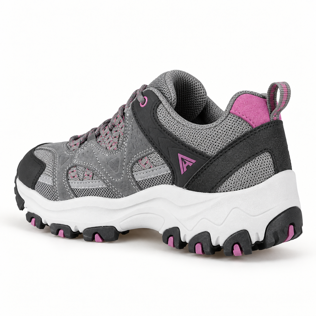 Maintien arrière de la chaussure de randonnée femme grise et rose