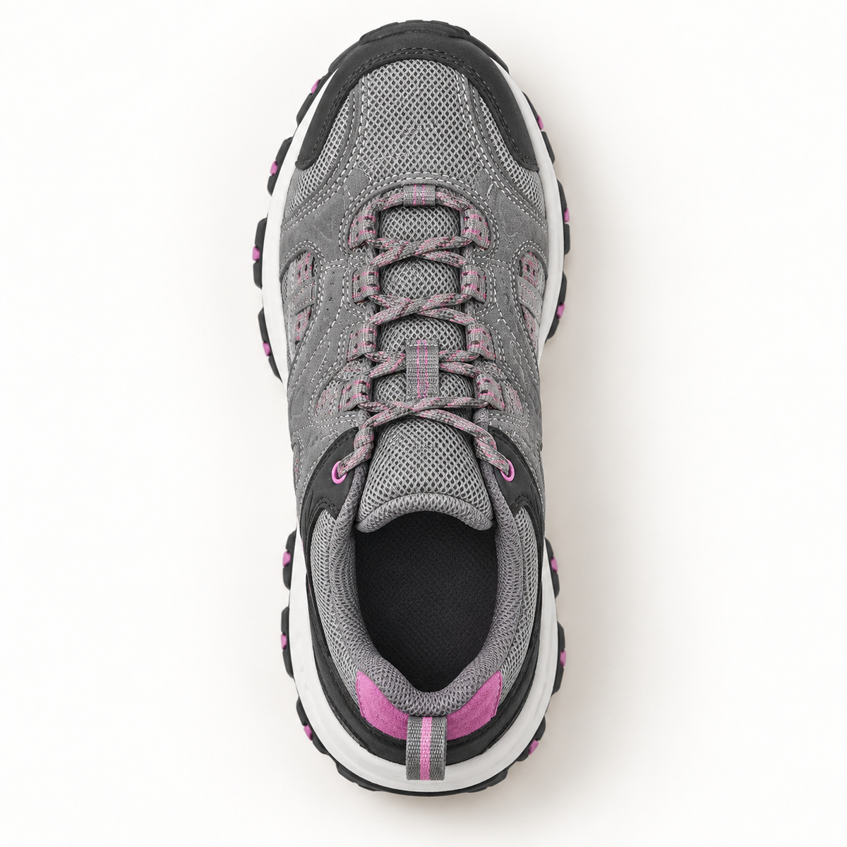 Vue dessus de la chaussure de randonnée femme grise et rose