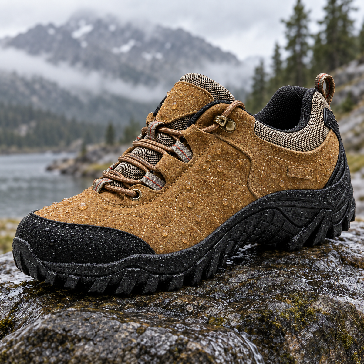 Chaussure homme randonnée basse cuir SaddleBrown avec gouttes d eau sur la matière