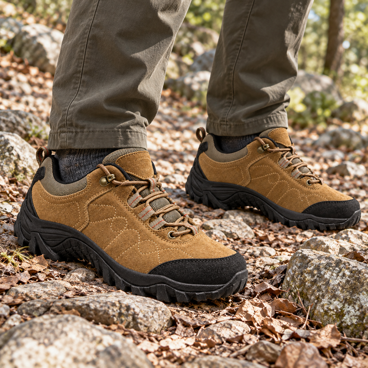Chaussures homme randonnée basses cuir Saddlebrown portées sur un sentier pierreux