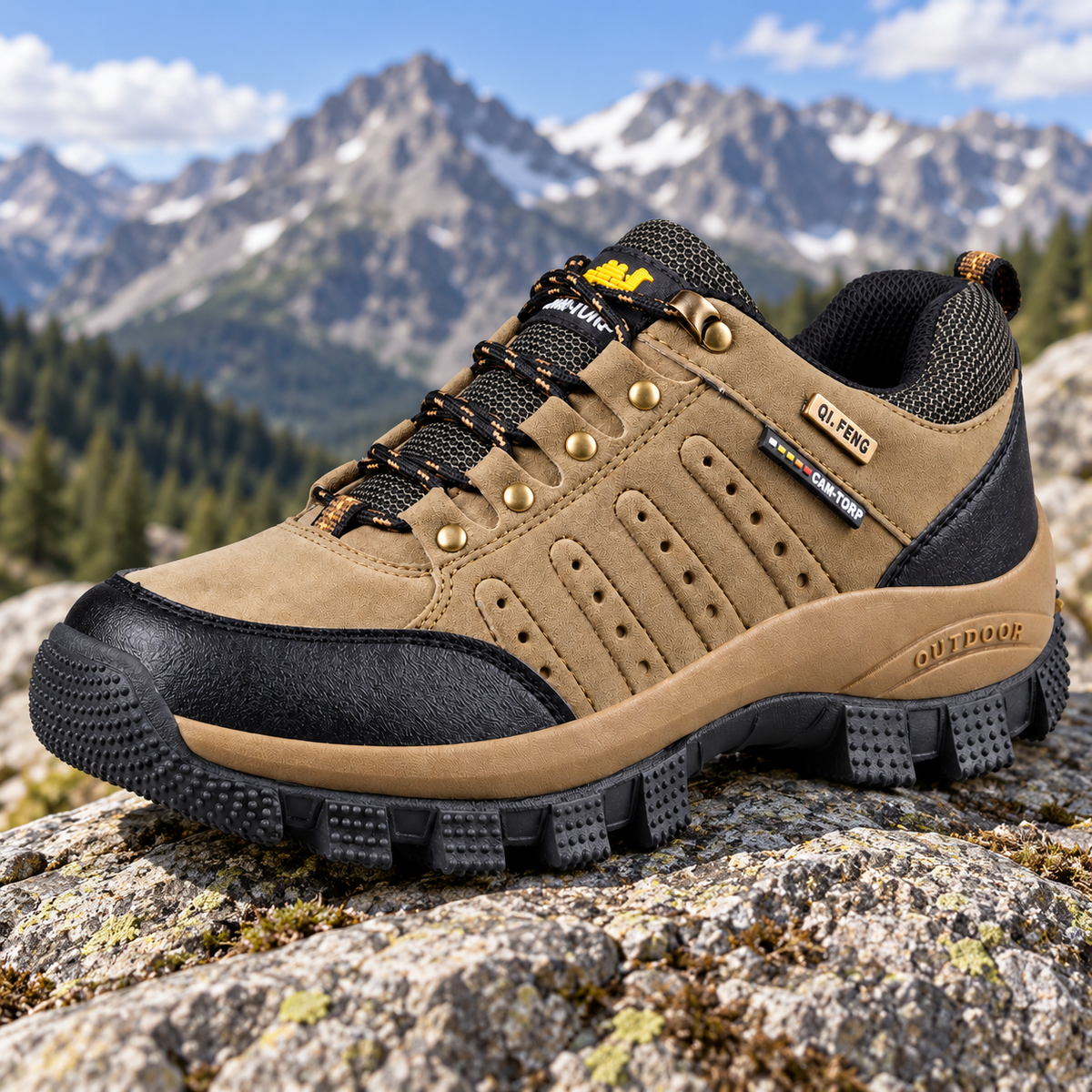 Chaussure légère randonnée cuir Burlywood entière posée sur un rocher en montagne