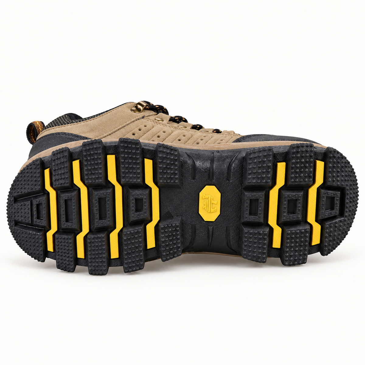 Chaussure légère randonnée cuir Burlywood couchée sur le côté avec semelle entière attachée face caméra