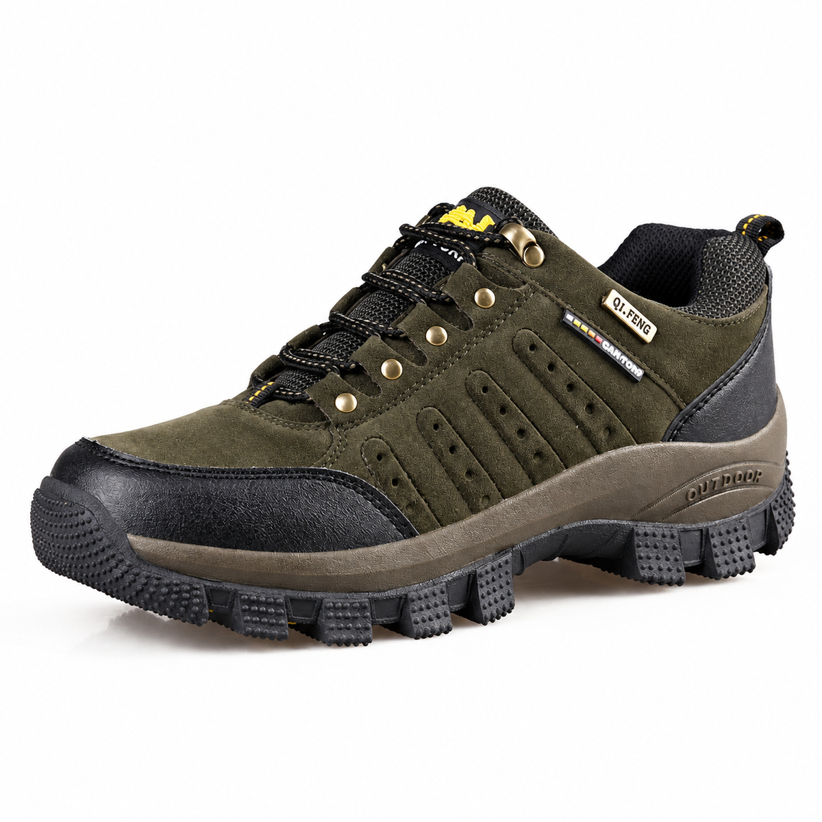 Chaussure légère randonnée cuir Darkolivegreen – vue trois-quarts sur fond blanc