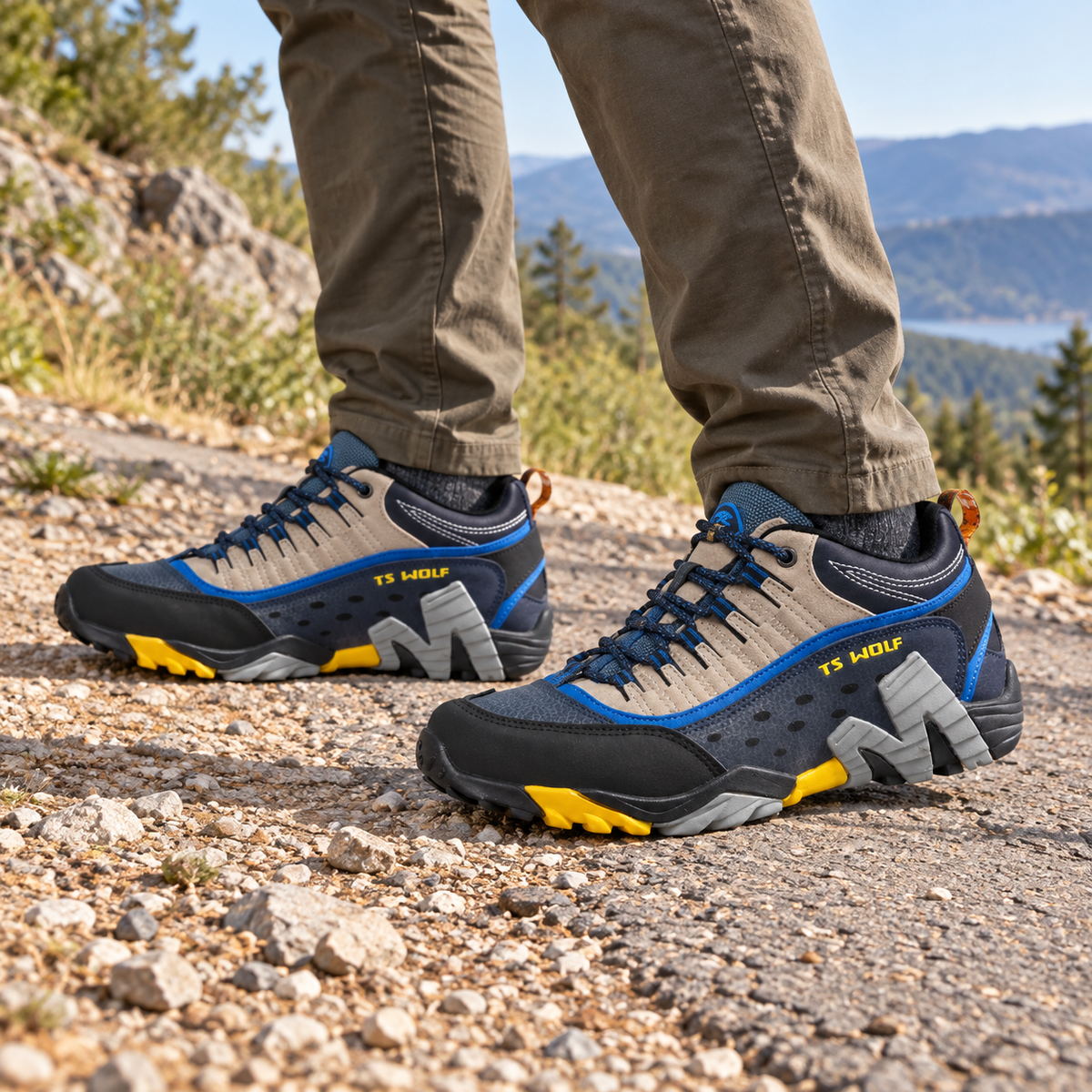 Paire de chaussures multisport randonnée bleues portée sur sentier