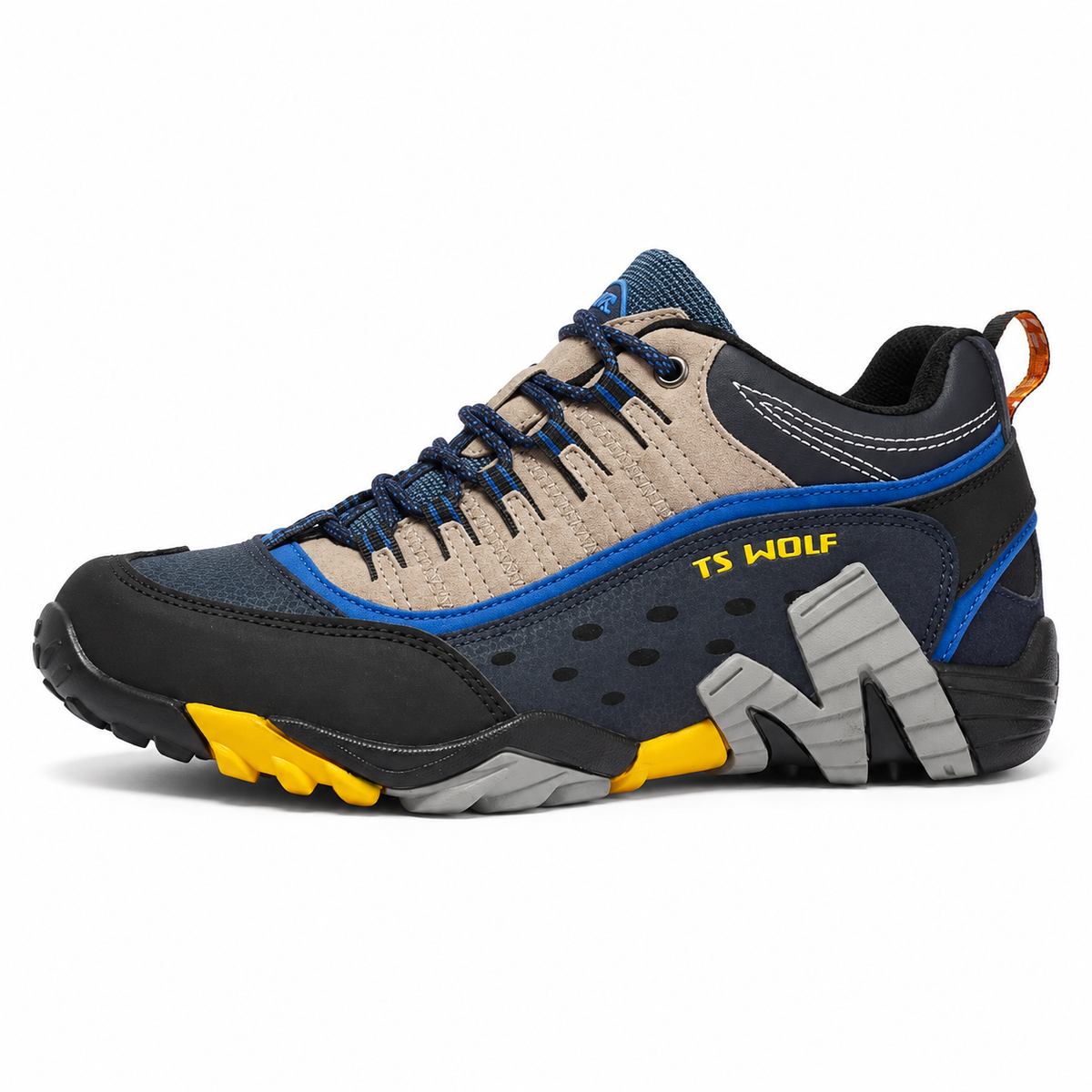 Chaussure multisport randonnée bleue – profil sur fond blanc chaud