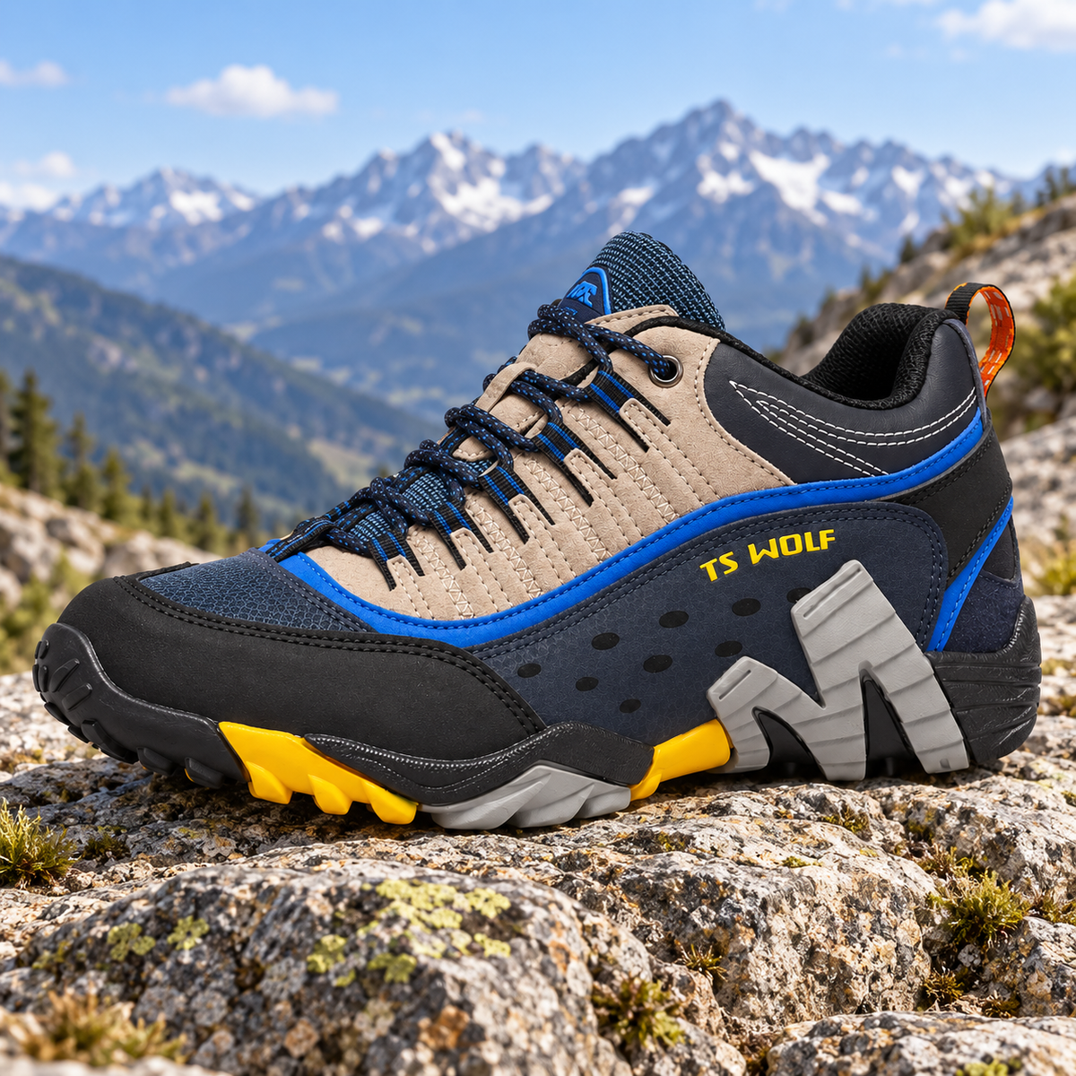 Chaussure multisport randonnée bleue posée sur un rocher