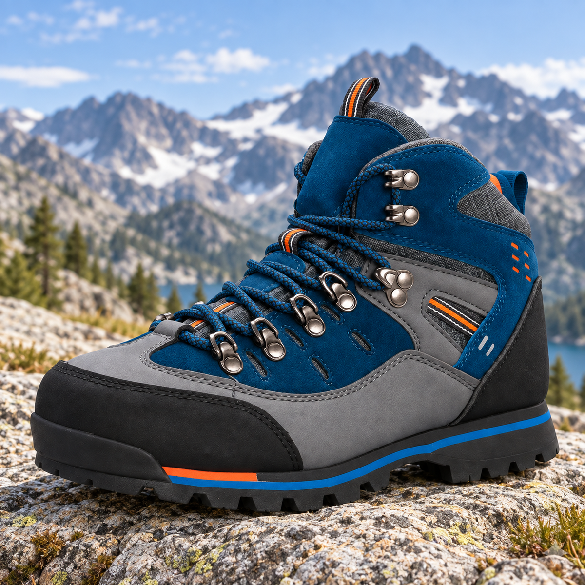 Chaussure randonnée alpinisme homme bleue posée sur un rocher en montagne