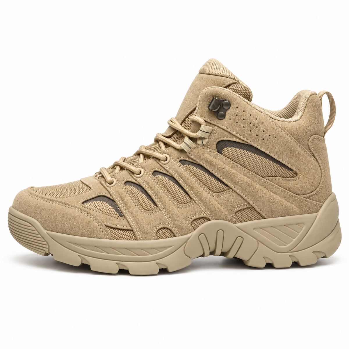 Chaussure randonnée avec amorti Tan complète vue de profil latéral sur fond blanc chaud