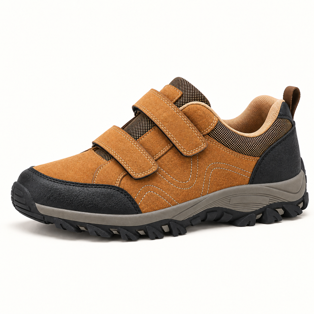 Chaussure randonnée avec scratch kaki complète vue de profil sur fond blanc chaud