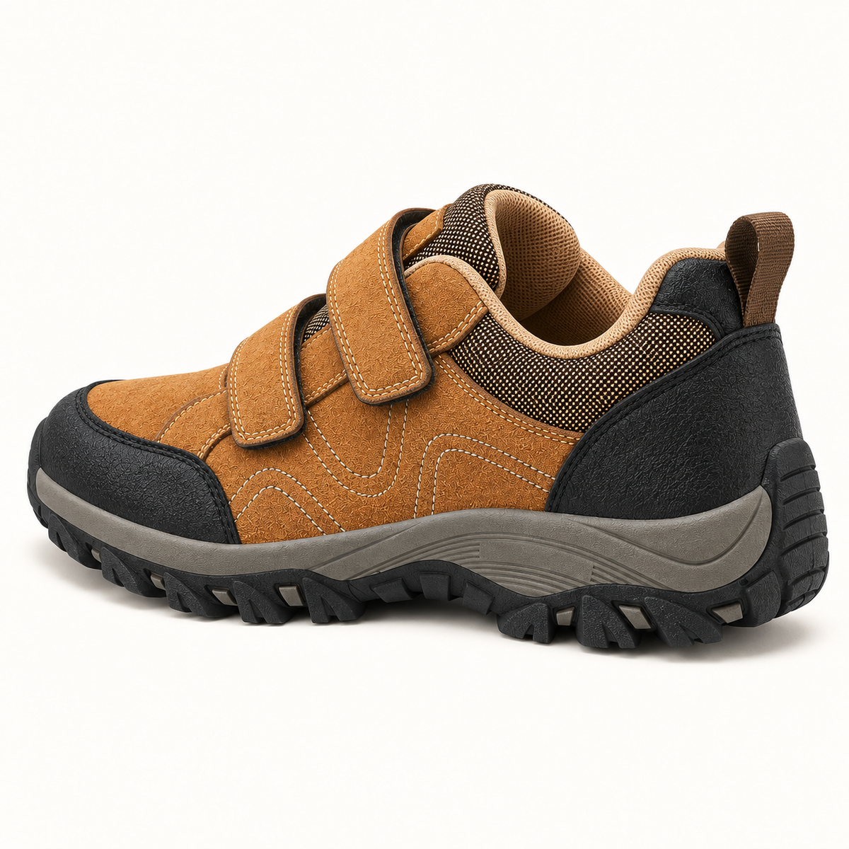 Chaussure randonnée avec scratch kaki vue arrière avec talon et col visibles