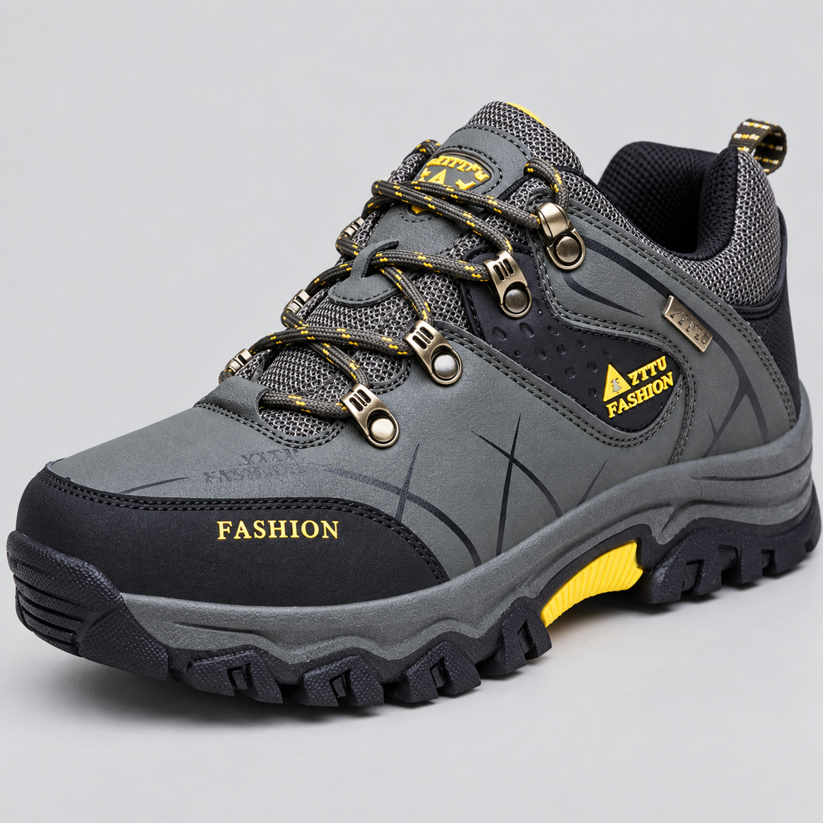 Chaussure randonnée basse homme imperméable kaki – détail du laçage et des matières