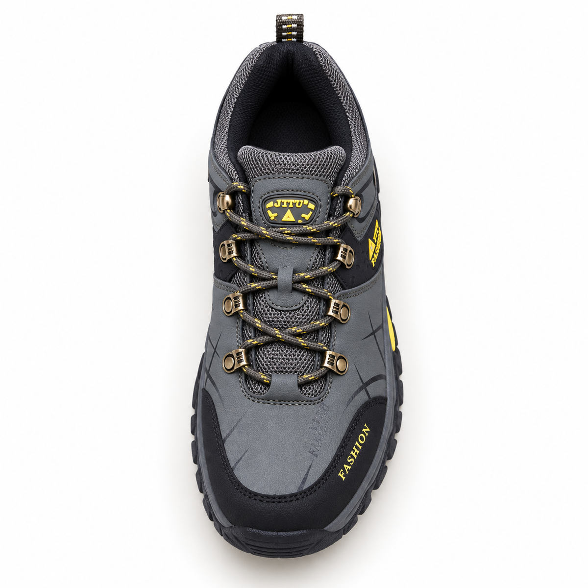 Chaussure randonnée basse homme imperméable kaki – vue du dessus et laçage