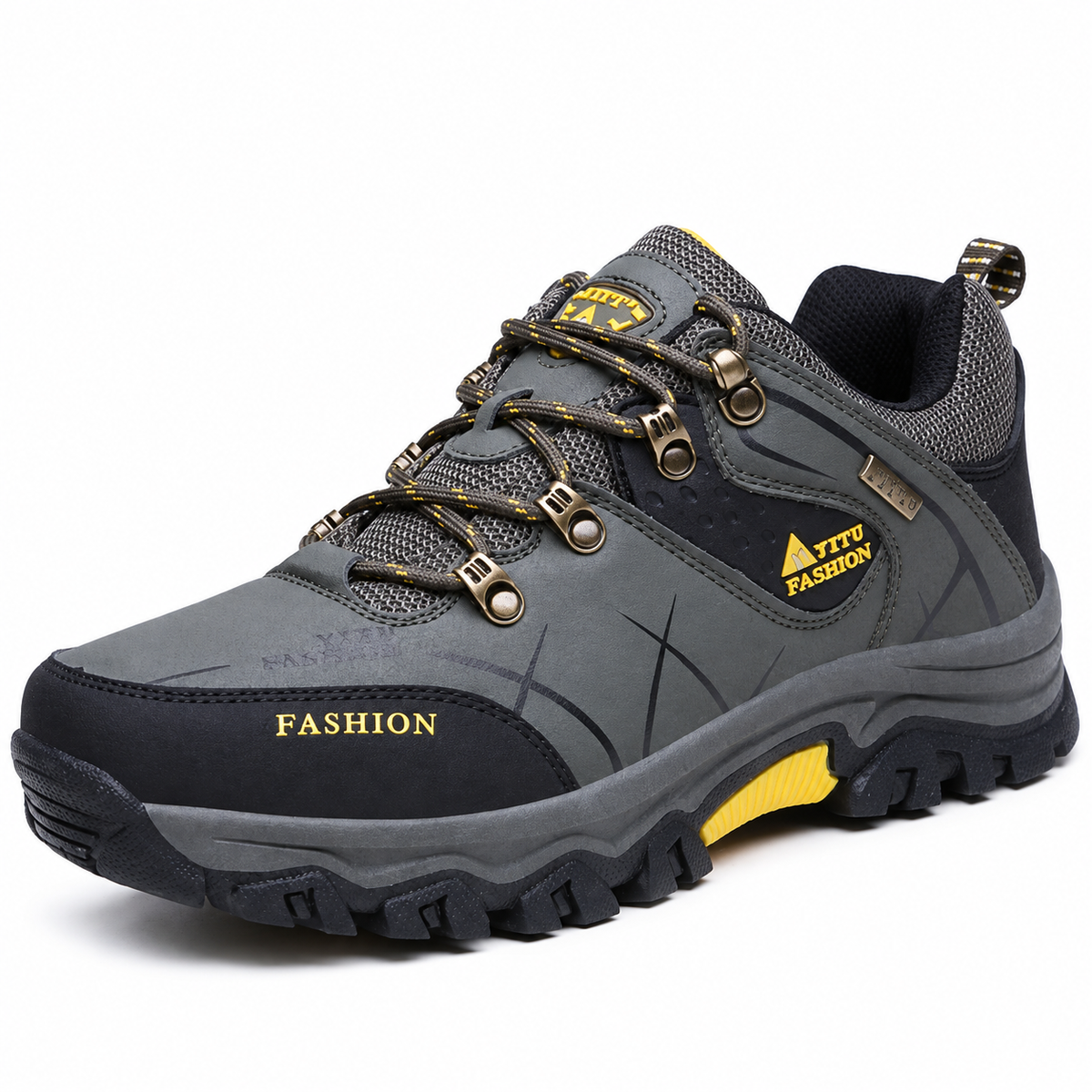 Chaussure randonnée basse homme imperméable kaki – vue trois-quarts sur fond blanc