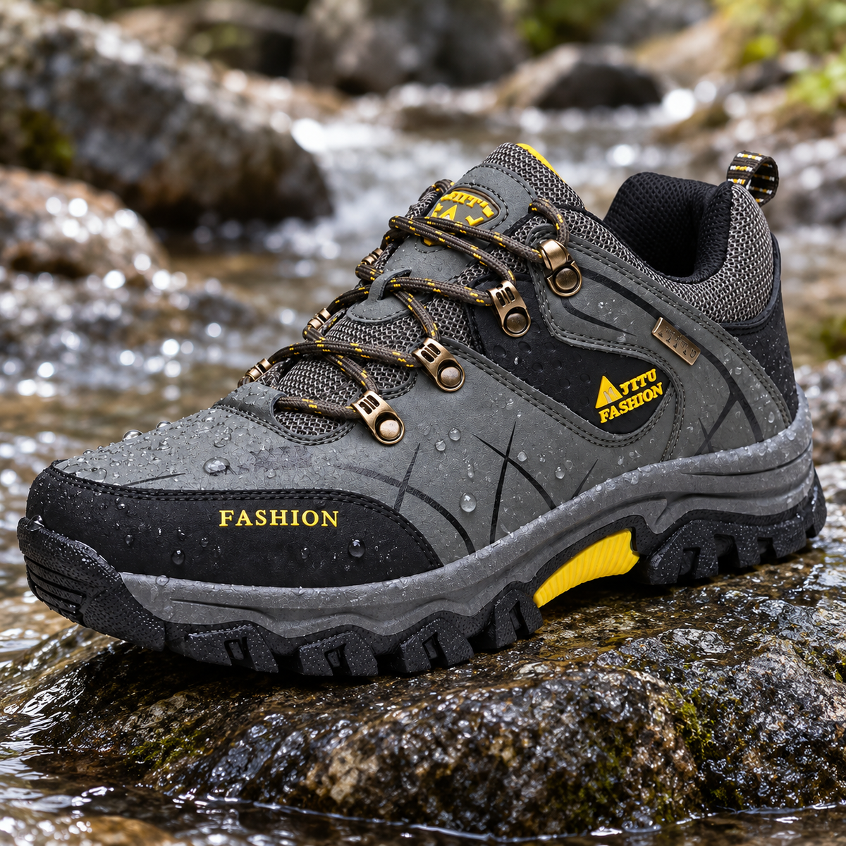 Chaussure randonnée basse homme imperméable kaki avec gouttes sur rocher humide