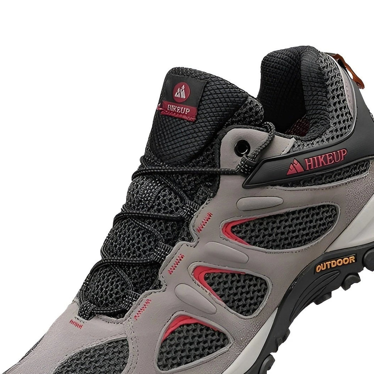 Chaussure randonnée basse imperméable femme grise détail du laçage et du mesh