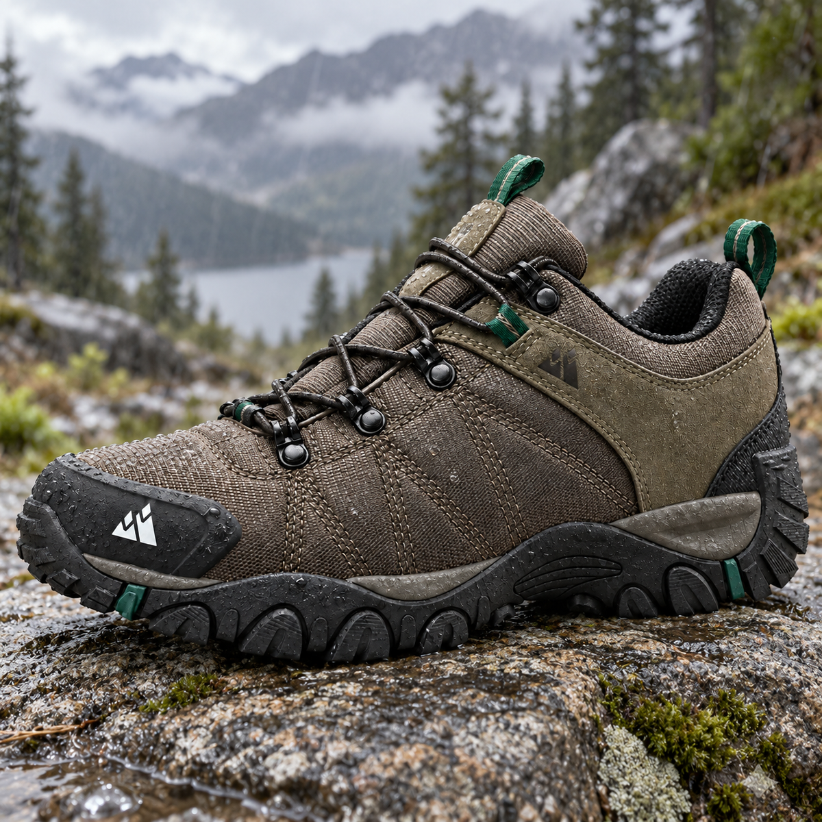 Chaussure randonnée basse imperméable marron posée sur un rocher humide