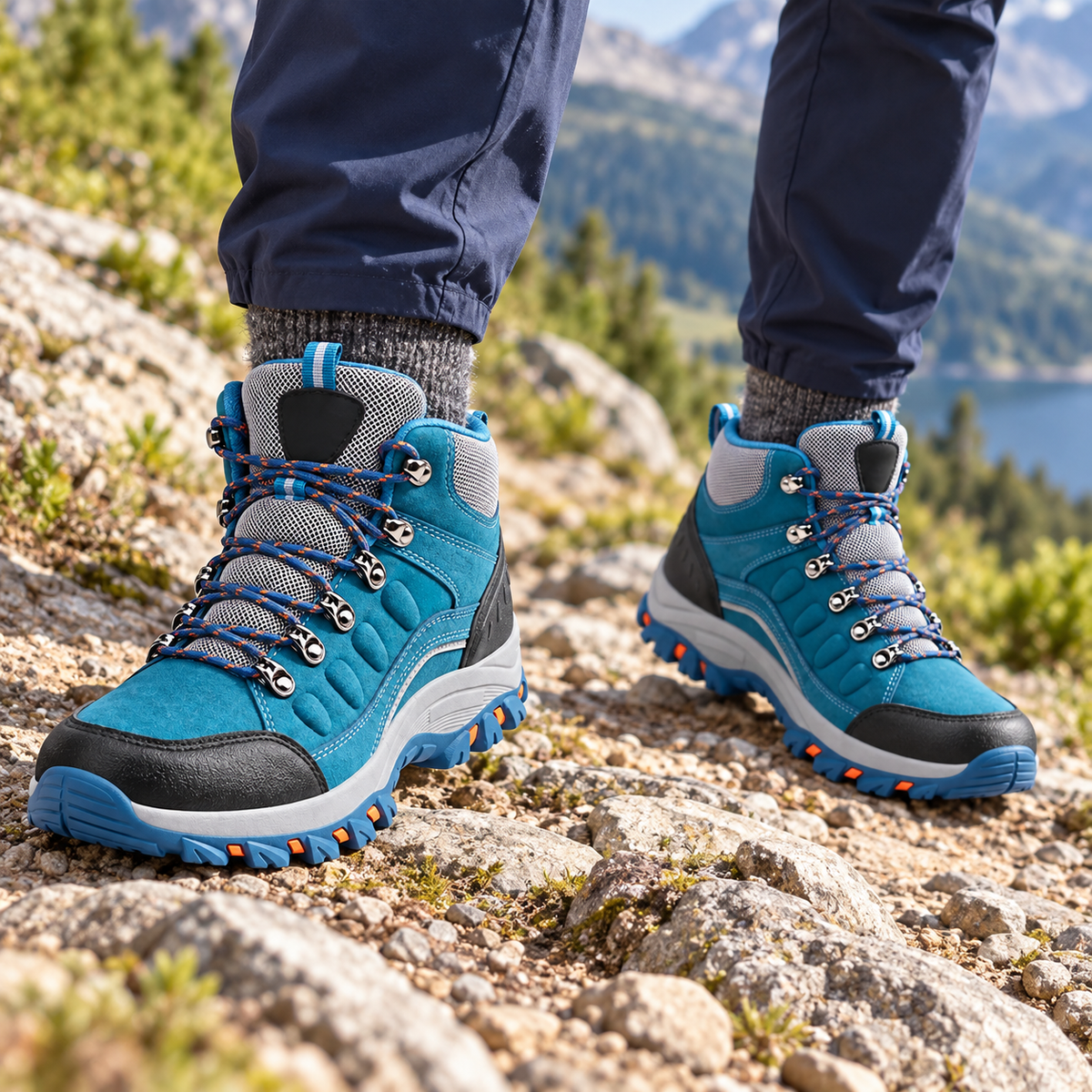 Paire de chaussures de randonnée bleues portée sur sentier rocheux