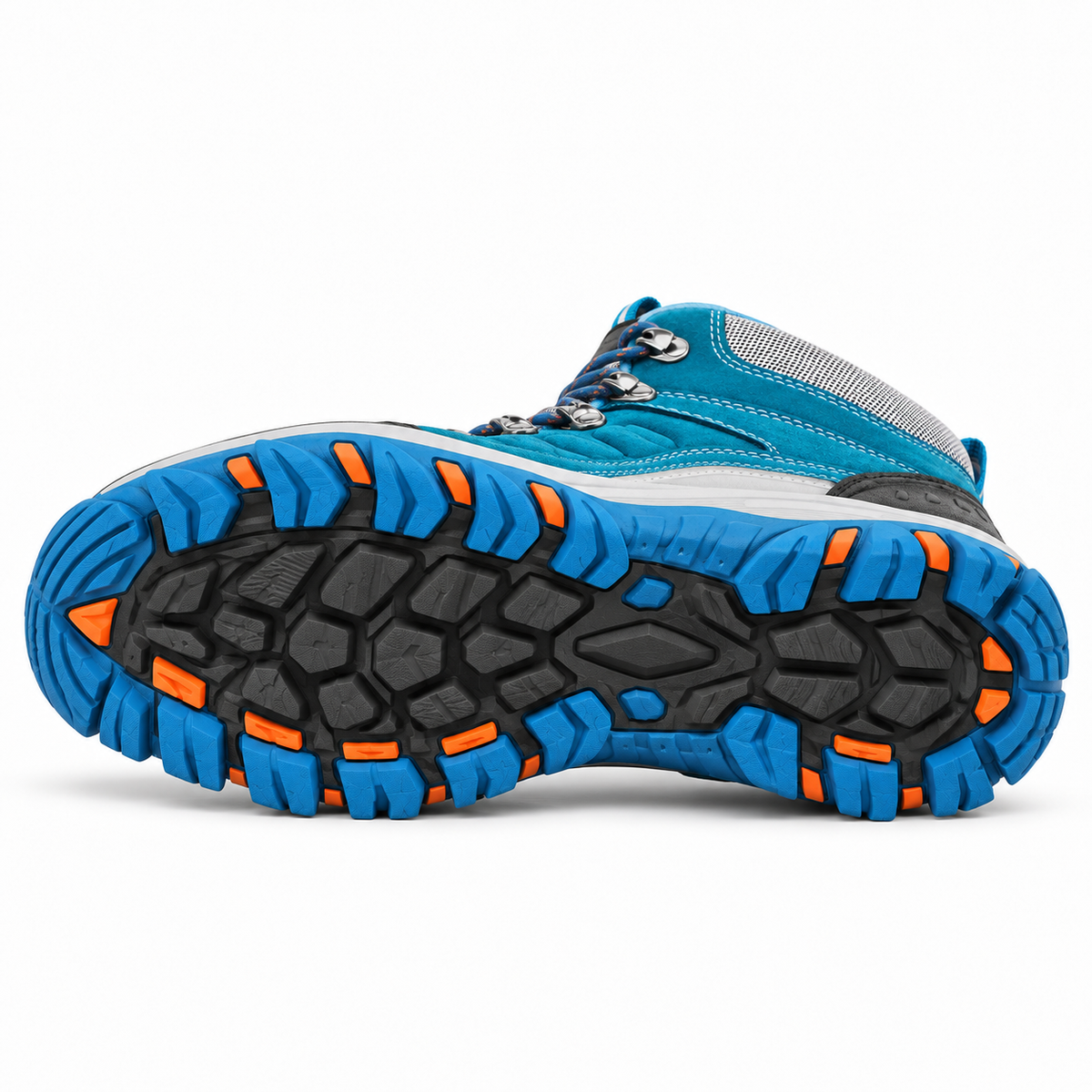 Chaussure de randonnée bleue – semelle entière attachée face caméra