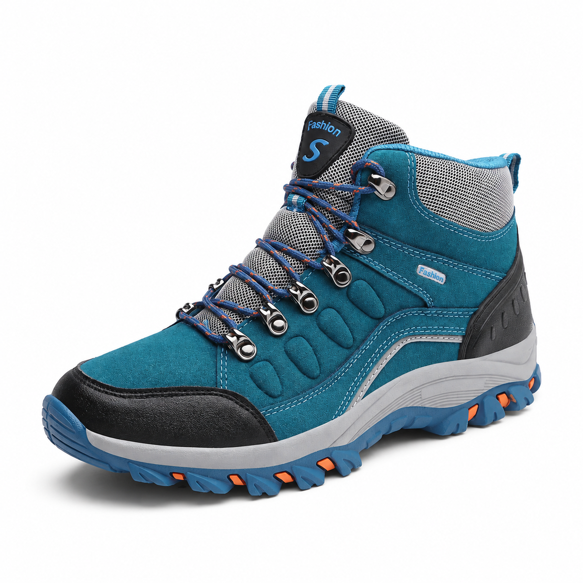 Chaussure de randonnée bleue – vue trois-quarts sur fond blanc chaud
