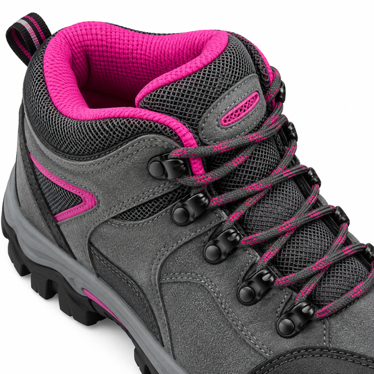 Chaussure randonnée chaude femme grise – détail du col et du laçage