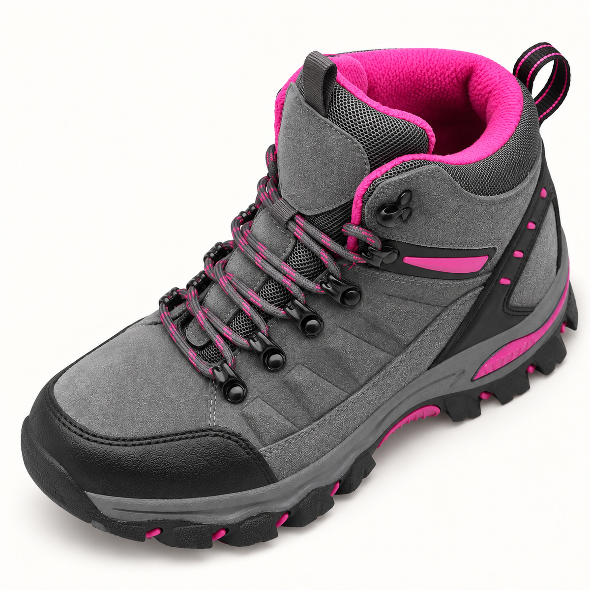 Chaussure randonnée chaude femme grise montrant ouverture col rembourré langue et doublure